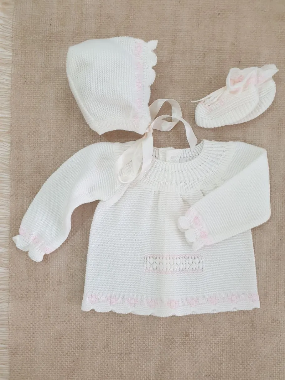 A Conjunto Punto Bebe Jersey + Capota y patucos P090006 Crudo/Rosa