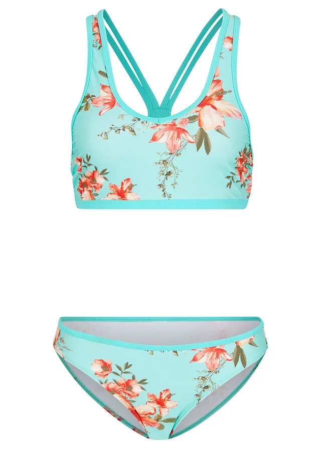 Bikini tipo bustier (2 piezas) de poliamida reciclada Turquesa-Rosa de flores