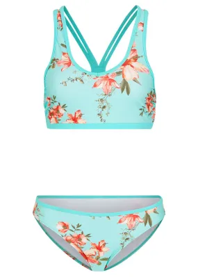 Bikini tipo bustier (2 piezas) de poliamida reciclada Turquesa-Rosa de flores