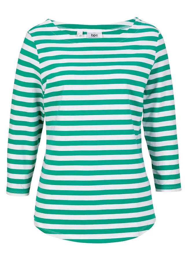 Camiseta 3/4 con escote barco Verde jade-blanco de rayas