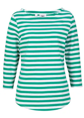 Camiseta 3/4 con escote barco Verde jade-blanco de rayas