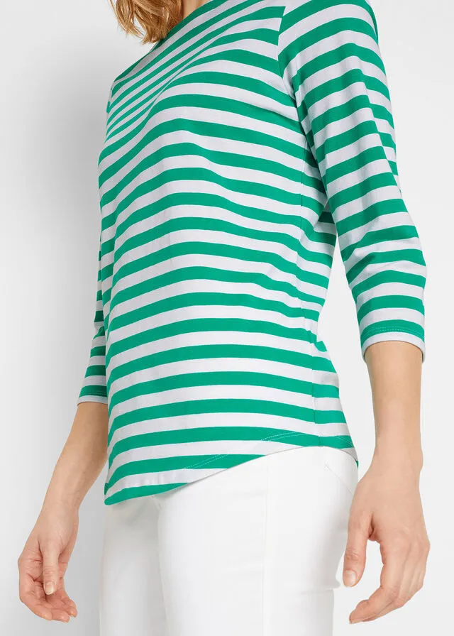 Camiseta 3/4 con escote barco Verde jade-blanco de rayas