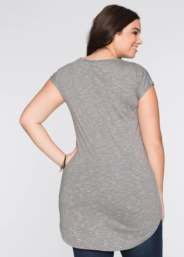 Camiseta larga con dobladillo redondeado Gris jaspeado