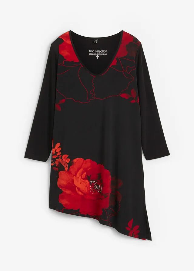 Camiseta larga con patrón de flores Negro-rojo de flores