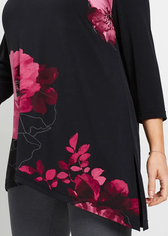 Camiseta larga con patrón de flores Negro-rojo de flores