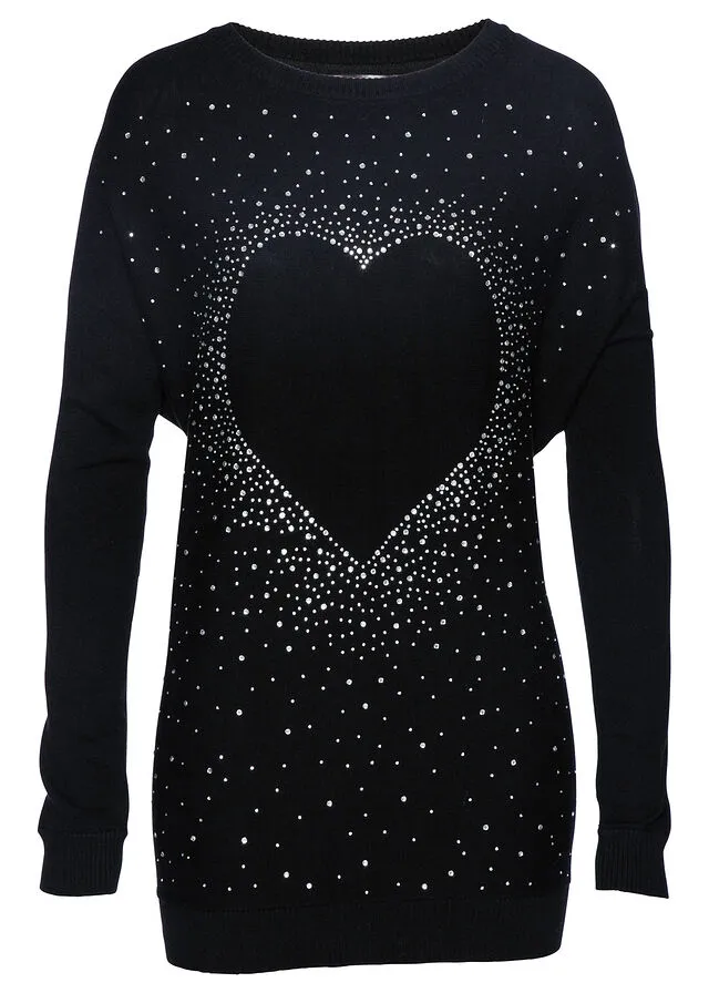 Jersey con corazón y diamantes de imitación Negro