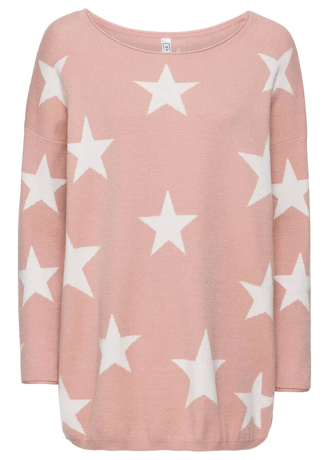 Jersey de punto con estampado de estrellas rosa vintage-blanco