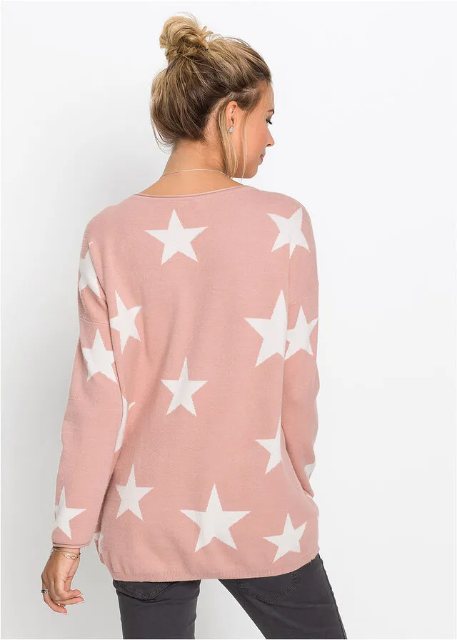 Jersey de punto con estampado de estrellas rosa vintage-blanco