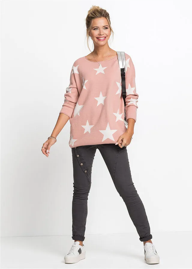 Jersey de punto con estampado de estrellas rosa vintage-blanco