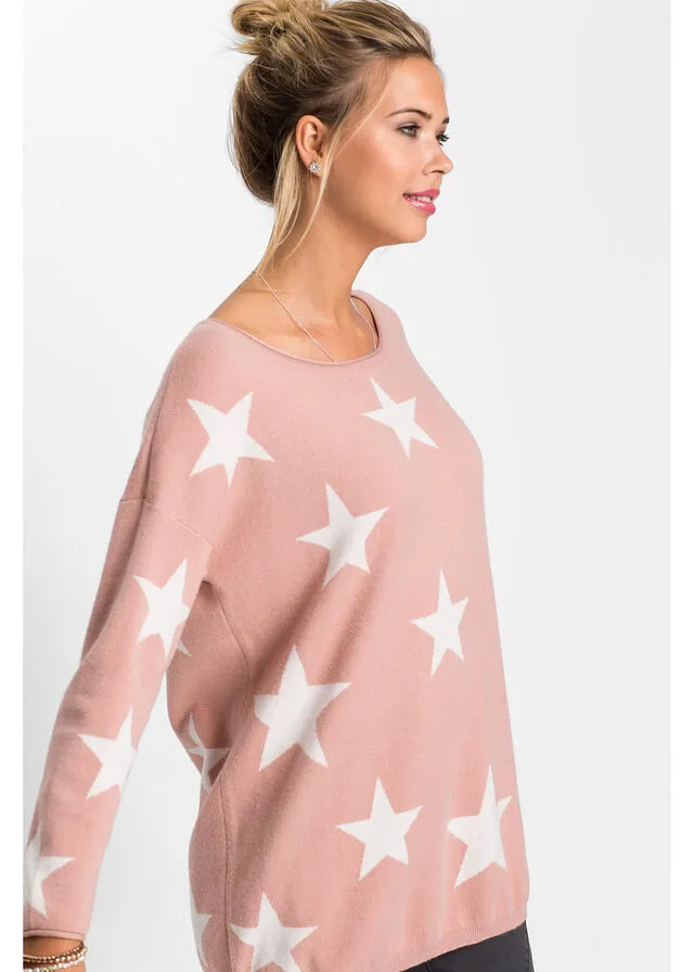 Jersey de punto con estampado de estrellas rosa vintage-blanco