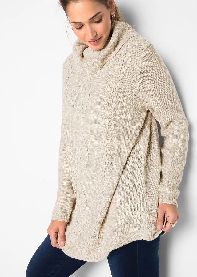 Jersey tipo poncho de manga larga crema suave moteado