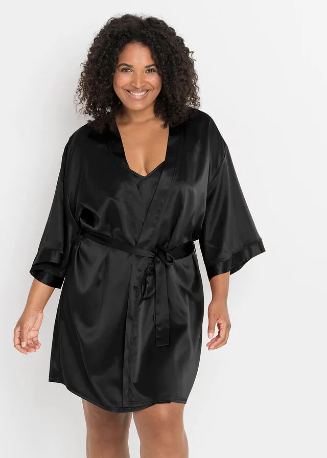 Kimono y negligé (juego de bata de 2 piezas) Negro