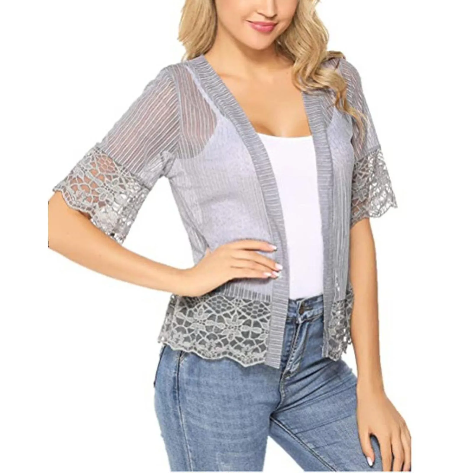 Mujeres&#39;s Encaje Transparente Cardigan Color sólido Manga corta Frontal abierto Bolero Shrug Shirt Summer Casual Cover U