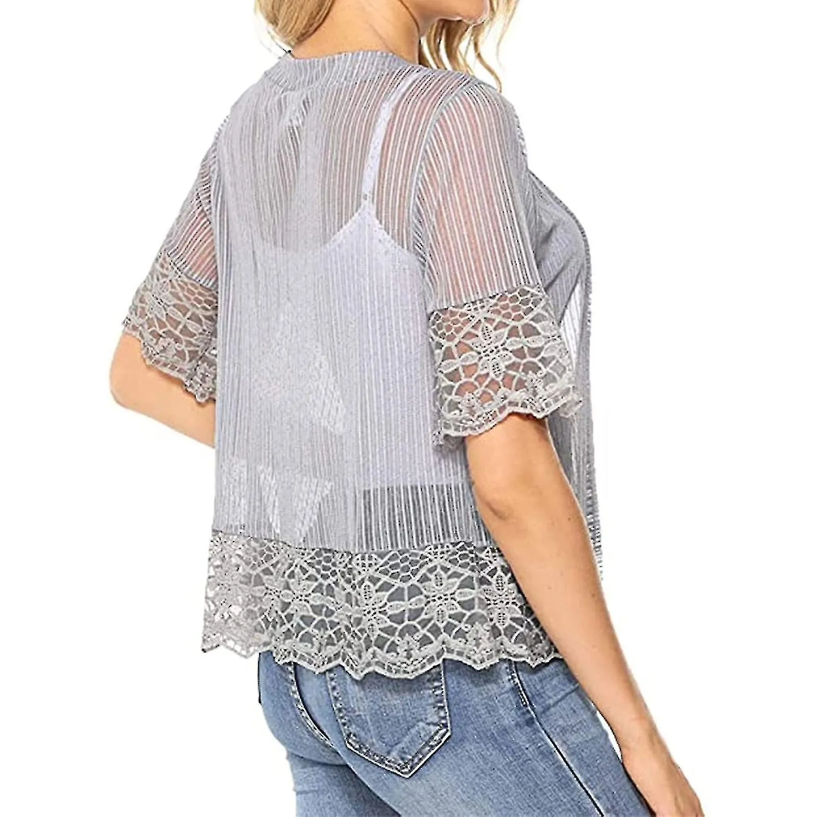 Mujeres&#39;s Encaje Transparente Cardigan Color sólido Manga corta Frontal abierto Bolero Shrug Shirt Summer Casual Cover U