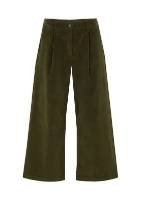 Pantalón ancho de pana elástica con cintura cómoda high waist, largo 7/8 Verde oliva oscuro