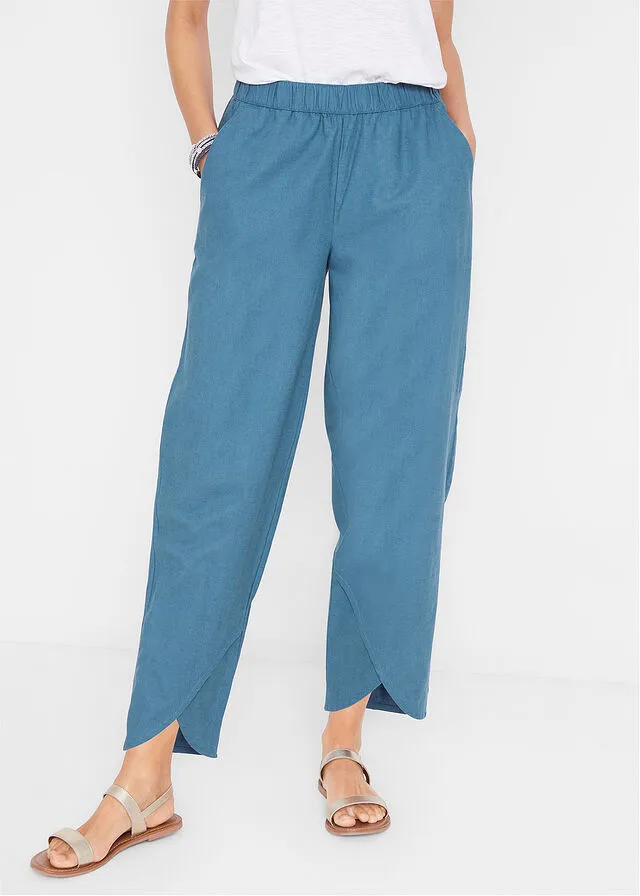 Pantalón capri de lino con cintura cómoda y ajuste holgado denim azul