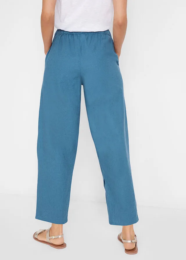 Pantalón capri de lino con cintura cómoda y ajuste holgado denim azul