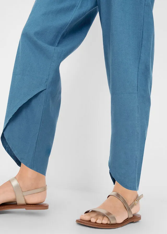 Pantalón capri de lino con cintura cómoda y ajuste holgado denim azul