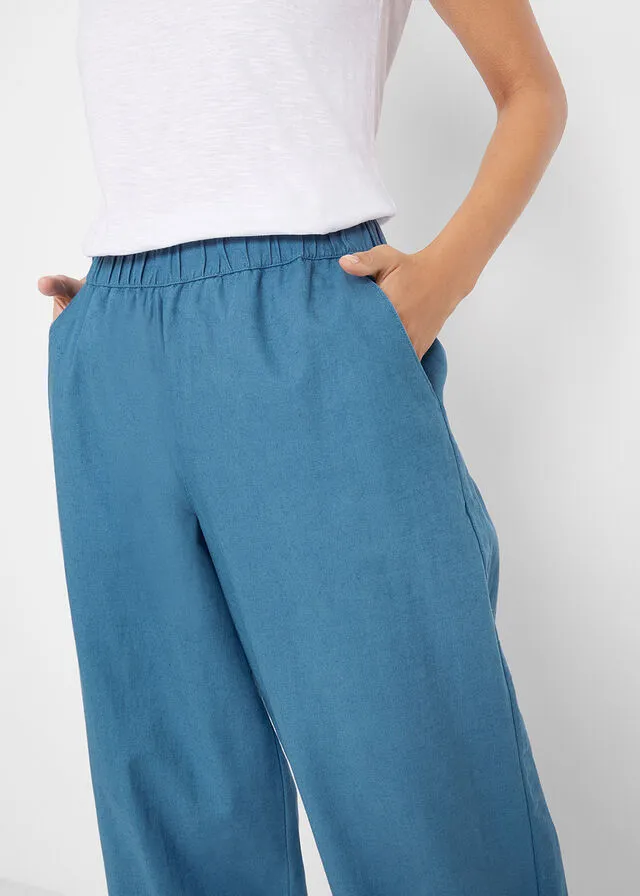 Pantalón capri de lino con cintura cómoda y ajuste holgado denim azul