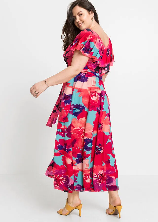 Vestido maxi con volantes y cinturón Turquesa-Rosa de flores